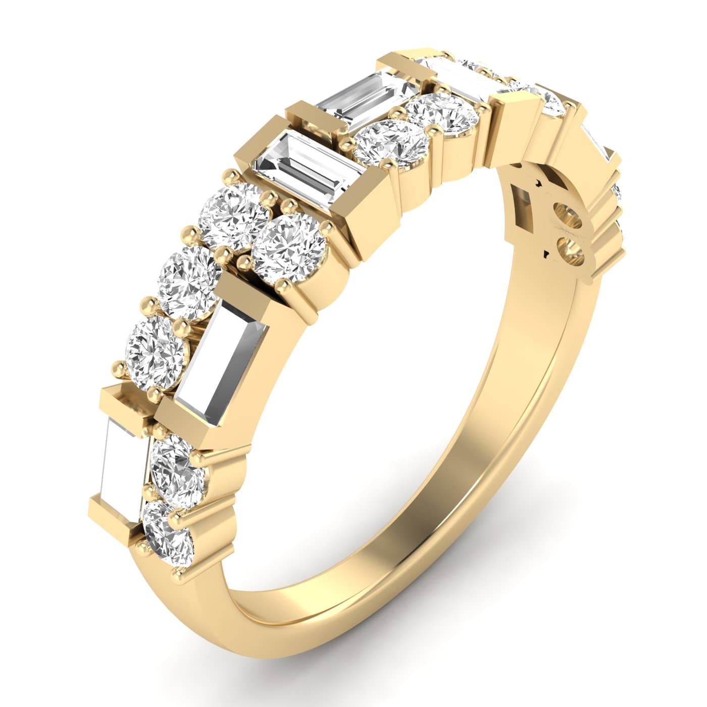 Lab Diamond Round & Baguette Band 3/4 Ctw (0.8 ct. tw.), Angle view in yellow gold