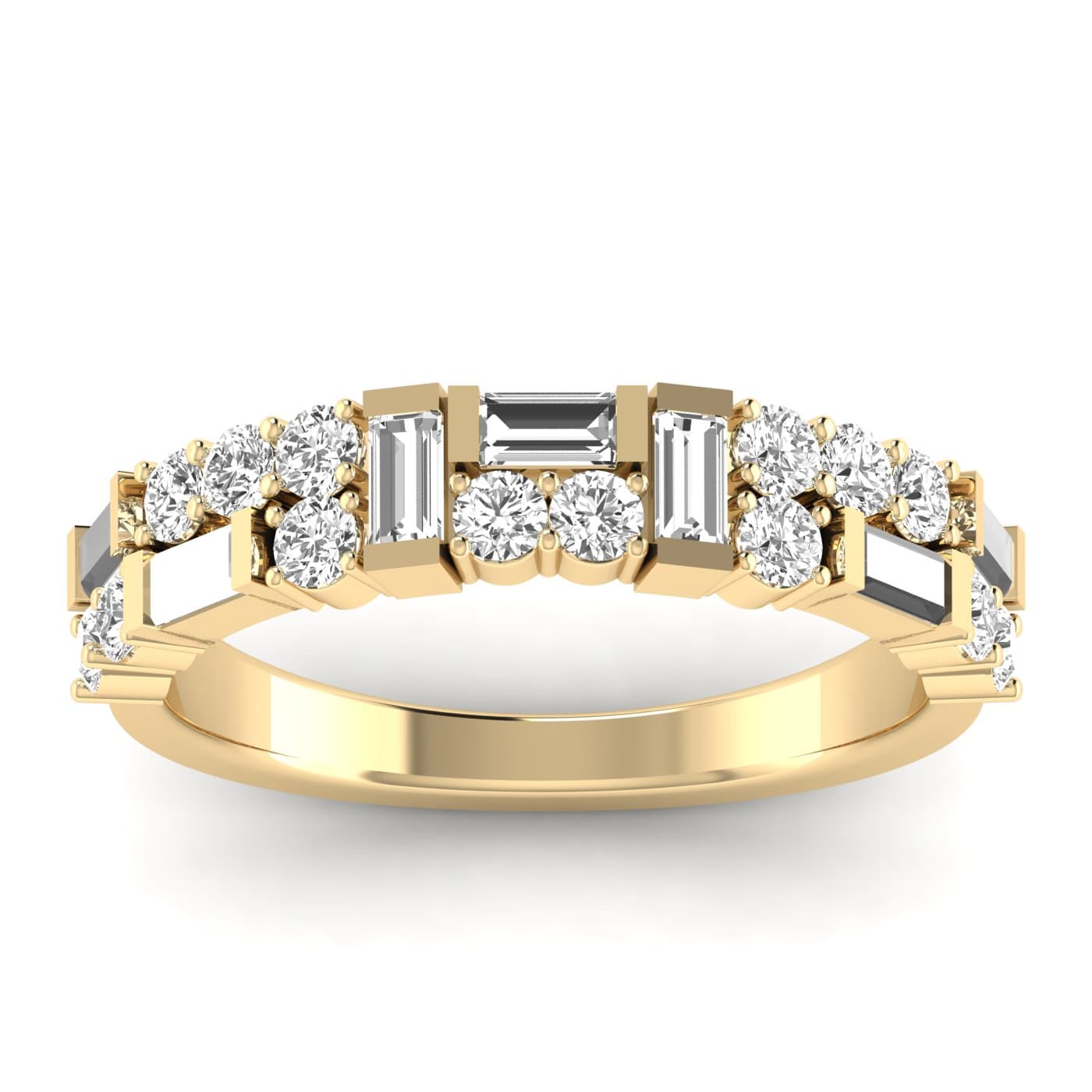 Lab Diamond Round & Baguette Band 3/4 Ctw (0.8 ct. tw.), On hand view in yellow gold