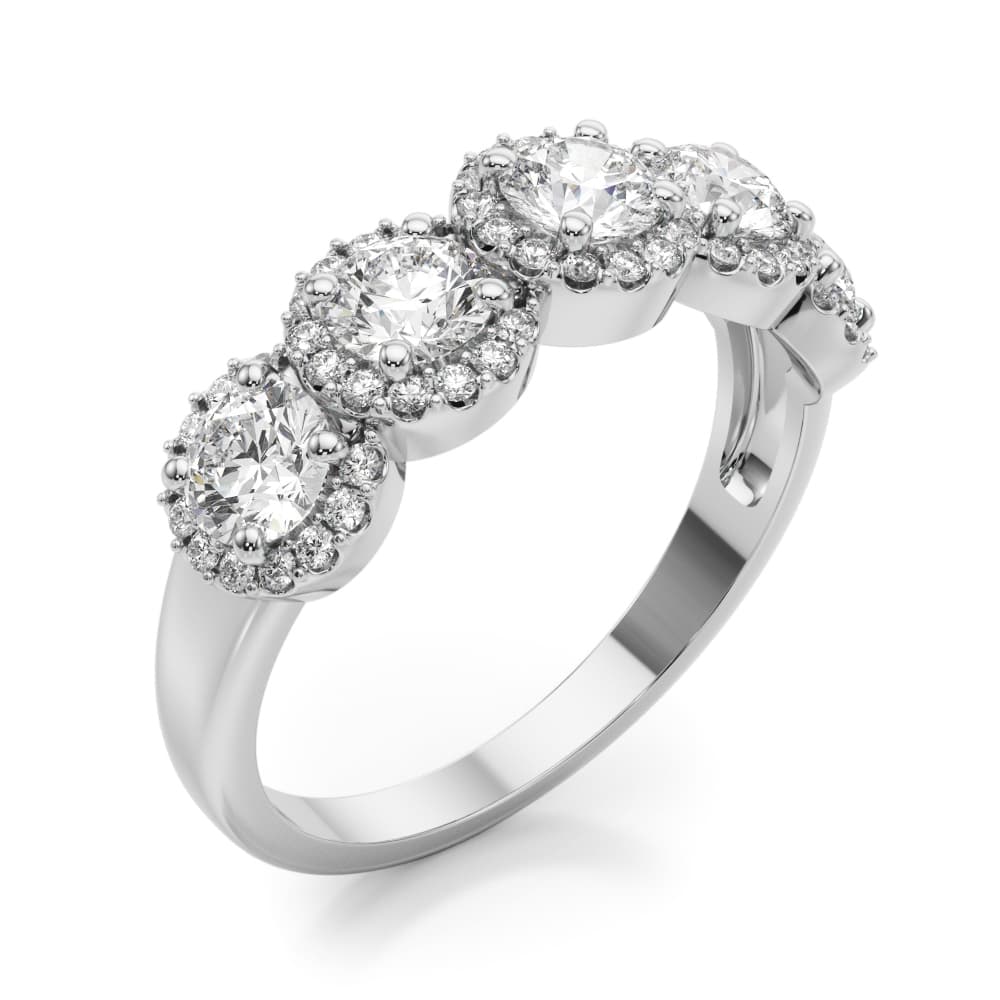 5-Stone Halo Wedding Band (1.54 ct. tw.), Angle view in white gold or platinum