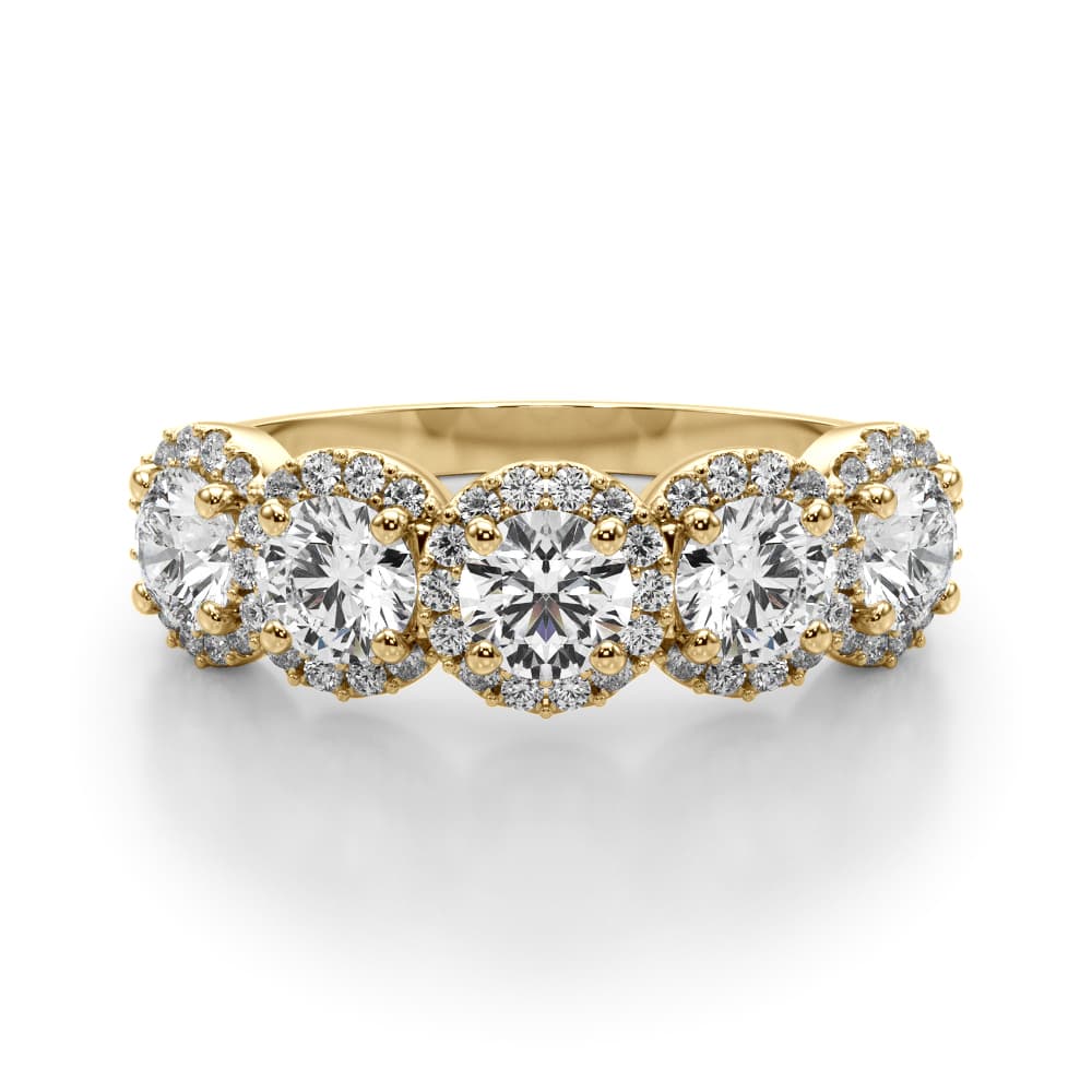 5-Stone Halo Wedding Band (1.54 ct. tw.), On hand view in yellow gold