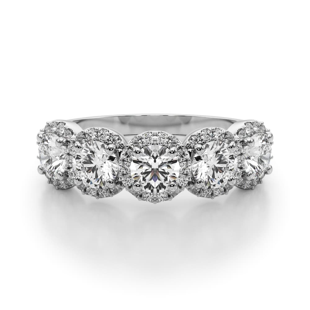 5-Stone Halo Wedding Band (1.54 ct. tw.), On hand view in white gold or platinum