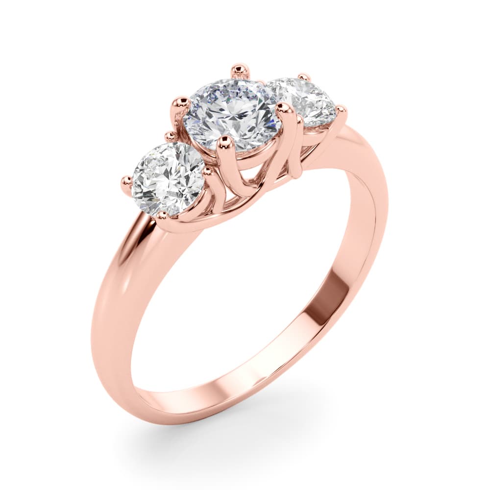 3-Stone Round Trellis Engagement Ring, style LGDR023, Angle view in rose gold