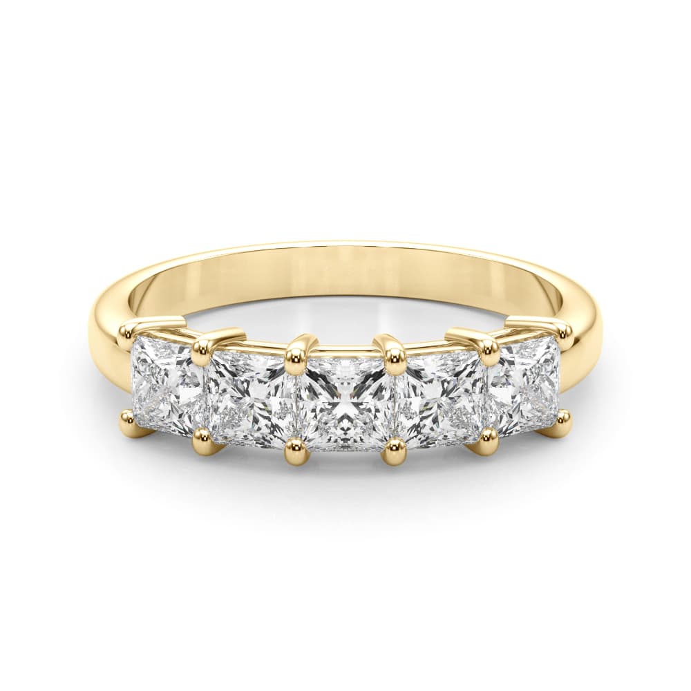 5-Stone Princess Cut Wedding Band (0.85 ct. tw.), On hand view in yellow gold