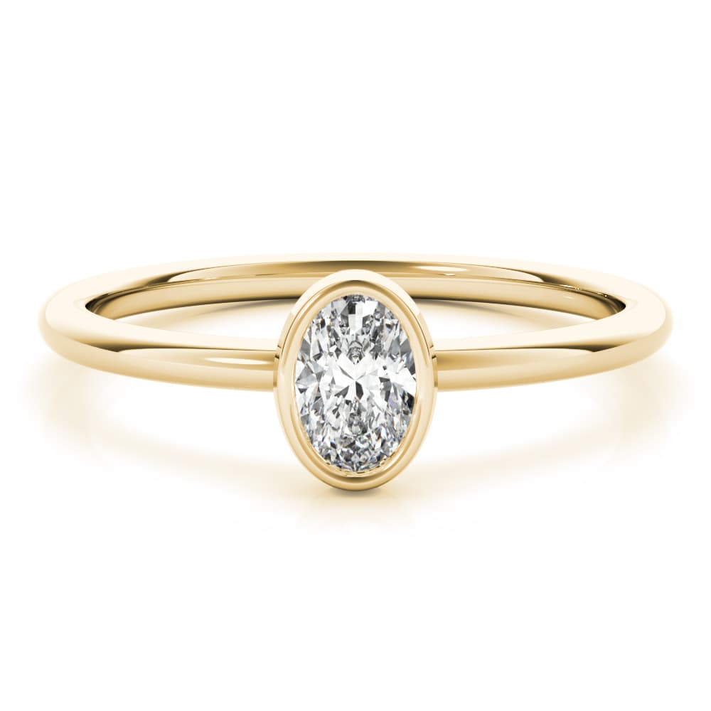 Bezel Set Solitaire Oval Engagement Ring, style LGDR043, On hand view in yellow gold