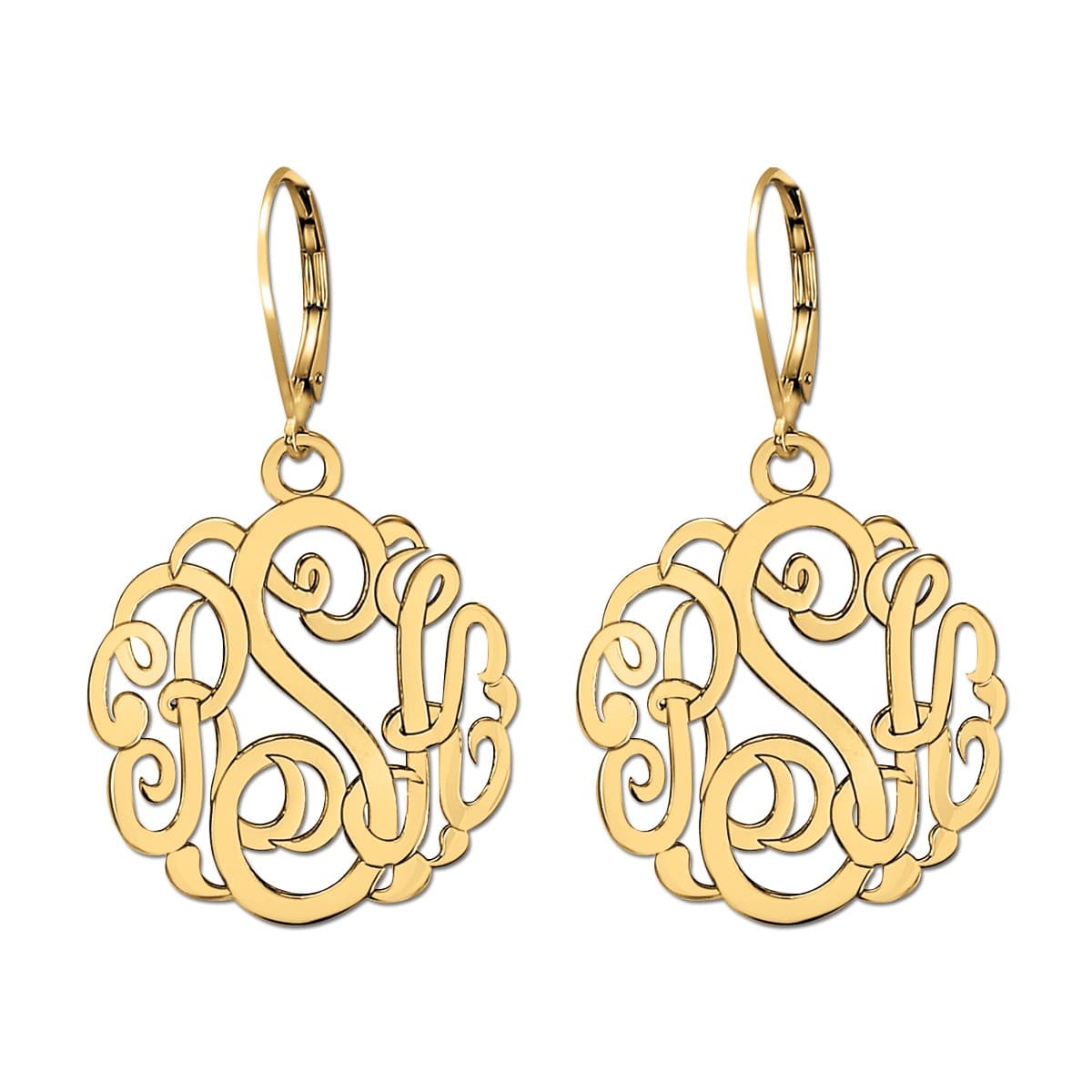 25mm Classic Monogram Lever Back Earrings, Front view in yellow gold