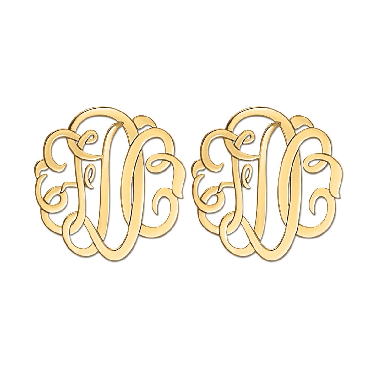 Fancy Script Monogram Earrings, Front view in yellow gold