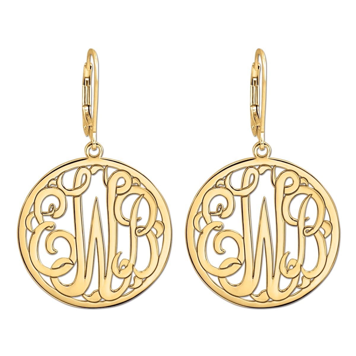 25mm Monogram Lever Back Earring, Front view in yellow gold