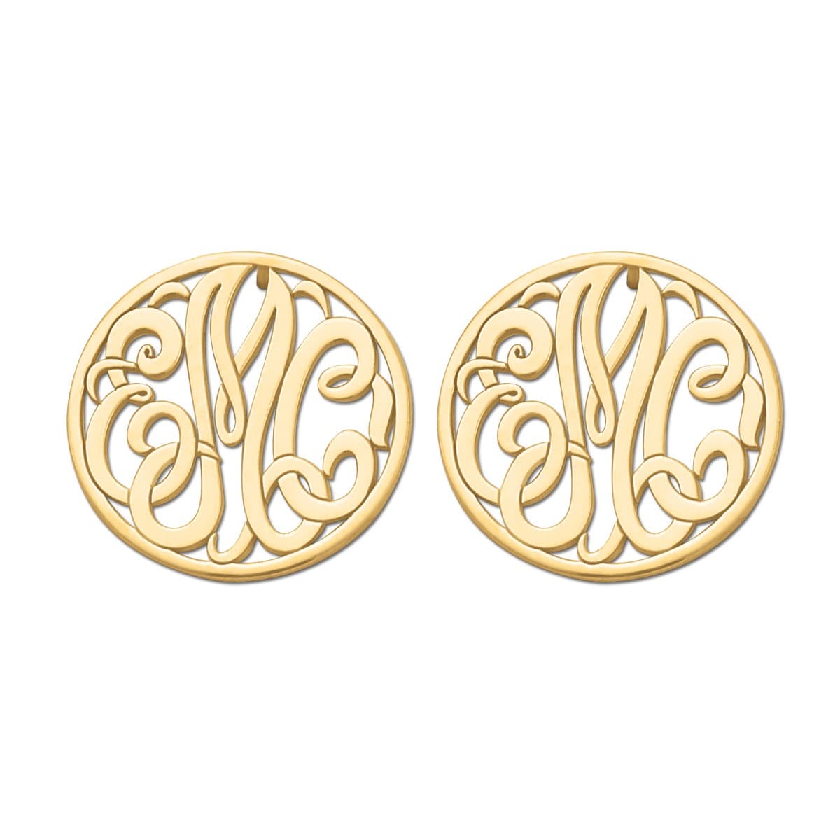 Engraved Initial Circle Monogram Earrings, Front view in yellow gold