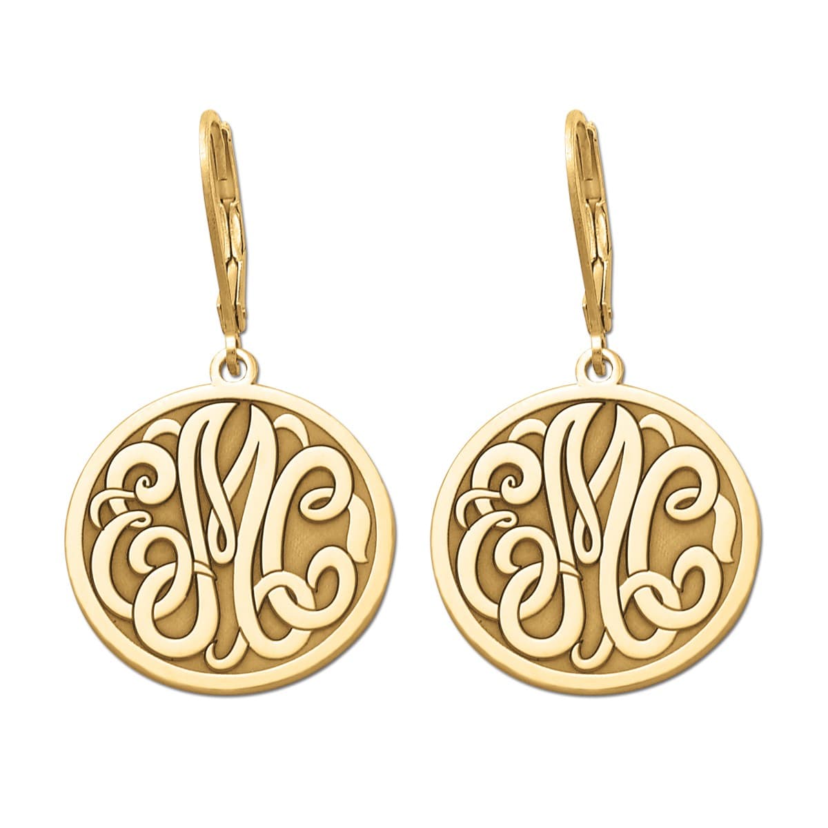 Engraved Initial Circle Monogram Earrings, Front view in yellow gold