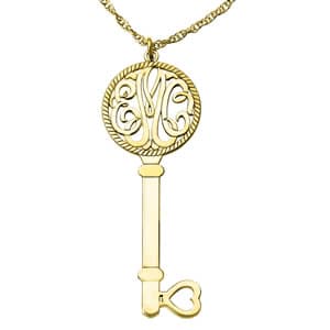 Personalized Key Initial Monogram Pendant Necklace — White Gold