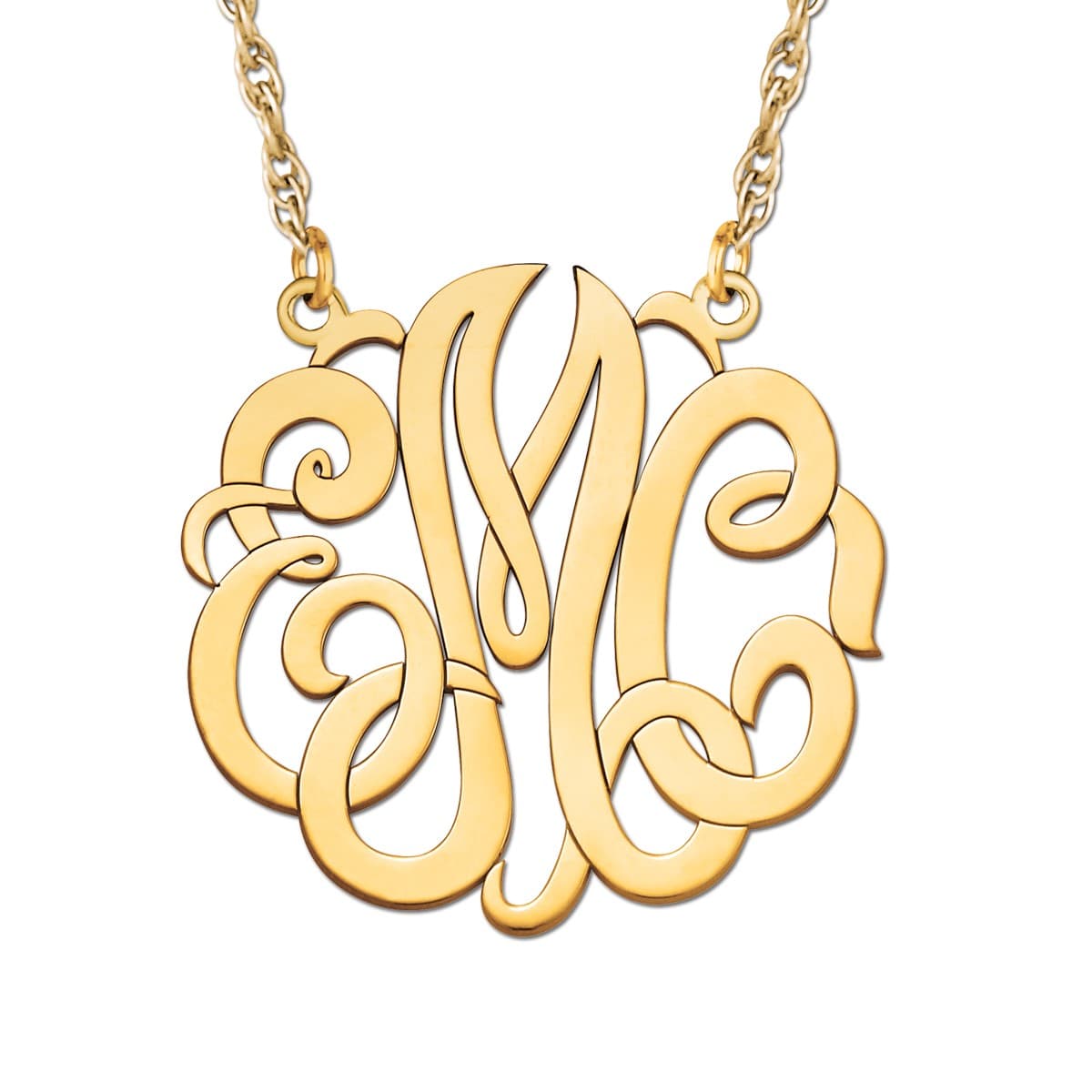 40mm 3 Letter Monogram Necklace, Front view in yellow gold