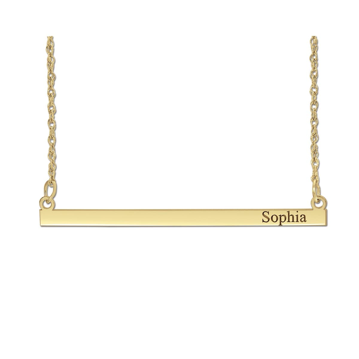 50mm X 3mm Bar Pendant-right — NAME CENTER, Front view in yellow gold