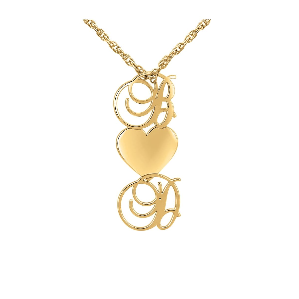 Initials and Heart Necklace, 28 x 11 mm, Side view in white gold or platinum