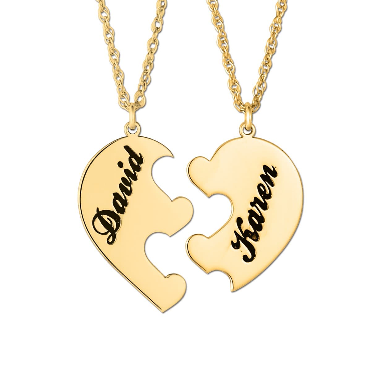 2-Piece Puzzle Heart Pendants, Front view in yellow gold