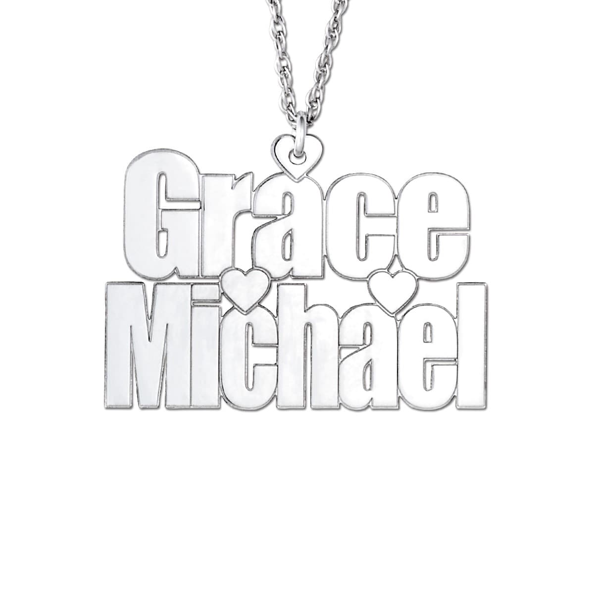 2 Row Name Heart Center — White Gold