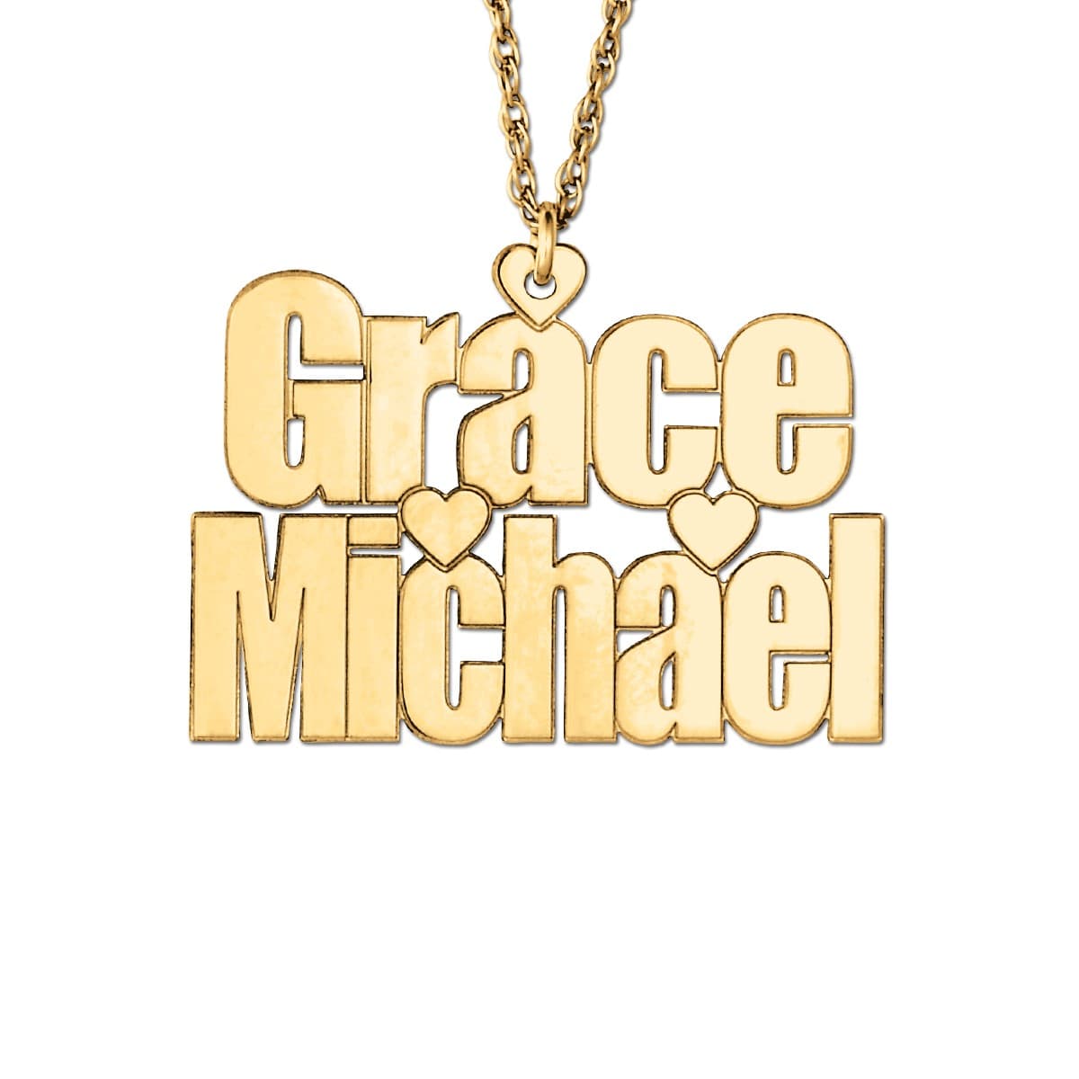 2 Row Name Heart Center, Side view in white gold or platinum