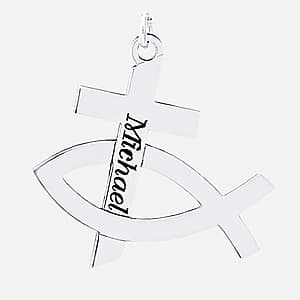 Cross with Fish, Side view in white gold or platinum
