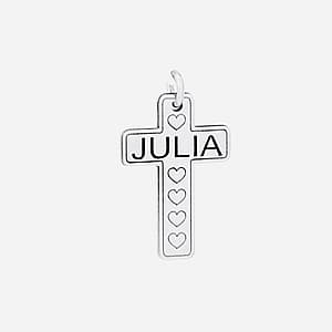Engraved Name And Heart Cross, Side view in white gold or platinum