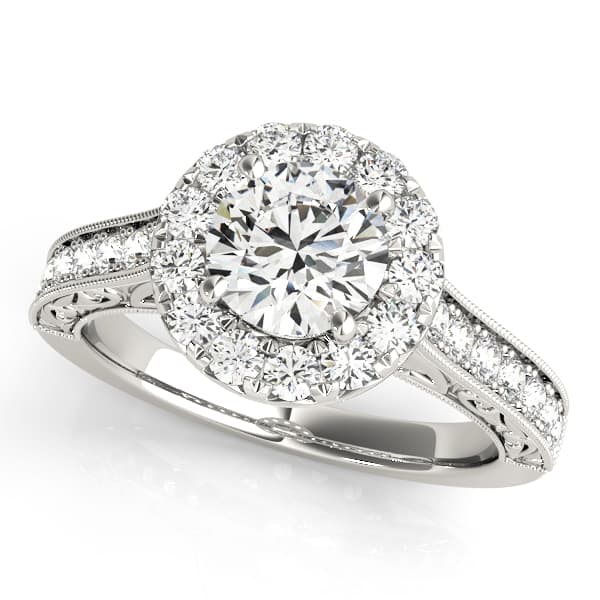 Vintage Halo Engraved Filigree Milgrain Engagement Ring in 10k White Gold