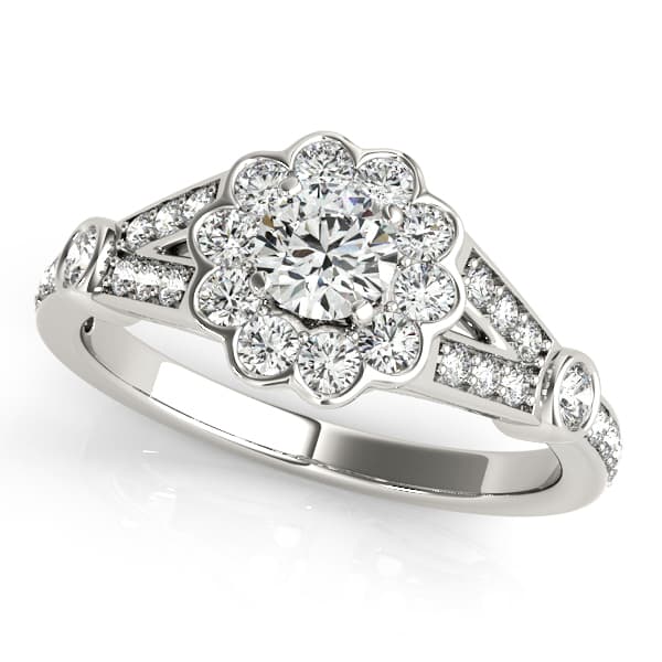 Flower Halo Split Shank Engagement Ring in 10k White Gold
