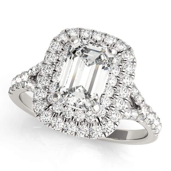Double Halo Emerald Cut Engagement Ring in 10k White Gold