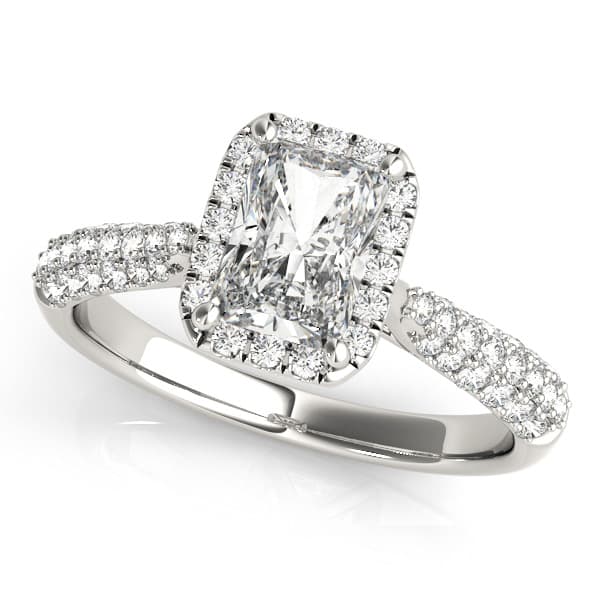 Multirow Pavé Halo Emerald Shape Engagement Ring in 10k White Gold
