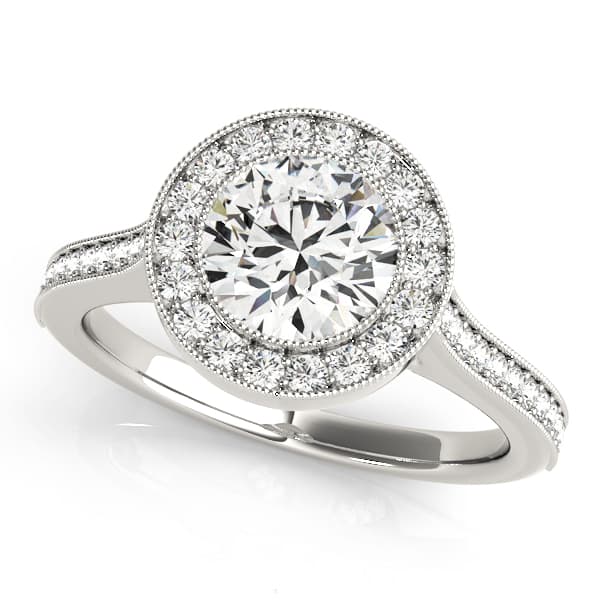 Antique Style Milgrain Halo Engagement Rings in 10k White Gold