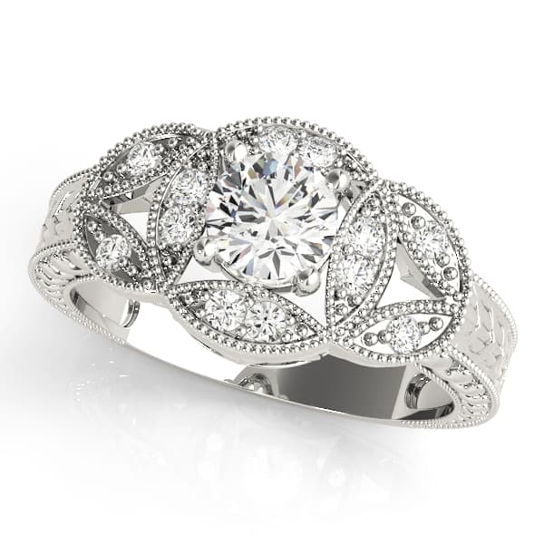 Vintage Bezel Set Milgrain Engagement Ring in 10k White Gold