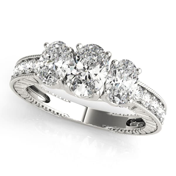 Antique 3-Stone Trellis Oval Engagement Ring in 10k White Gold