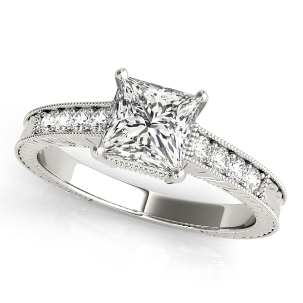 Antique Style Filigree Milgrain Engagement Rings in 10k White Gold
