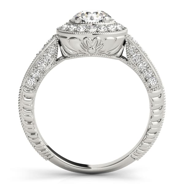 Vintage Inspired Milgrain Round Halo Engagement Ring in 10k White Gold