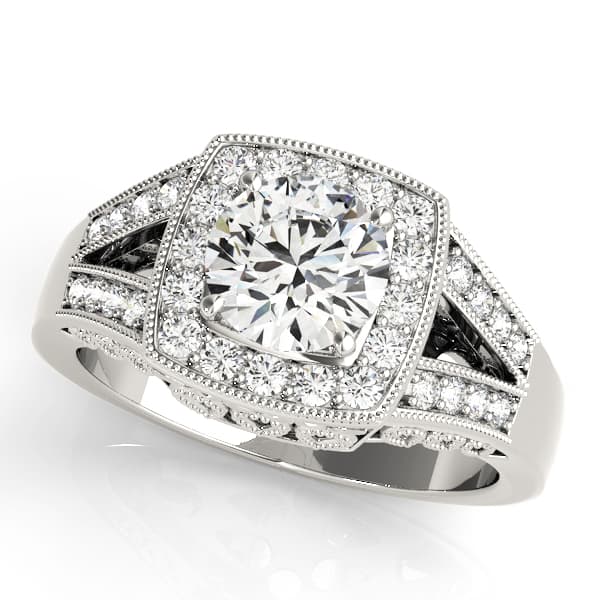 Antique Style Halo Milgrain Split Shank Engagement Ring in 10k White Gold