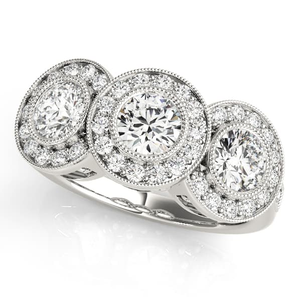 3-Stone Bezel Set Milgrain Halo Engagement Ring in 10k White Gold