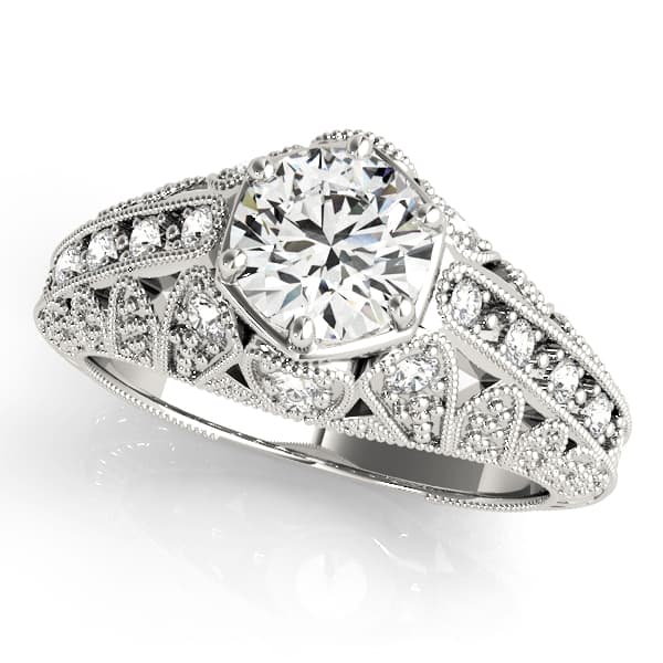 Antique Milgrain Prong Engagement Ring in 10k White Gold