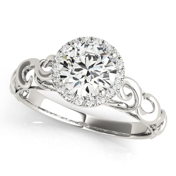 Solitaire Filigree Halo Engagement Ring in 10k White Gold