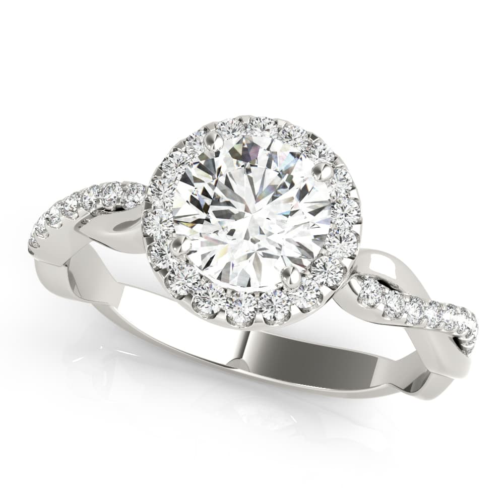 Single Row Twisted Shank Round Halo Engagement Ring in 10k White Gold