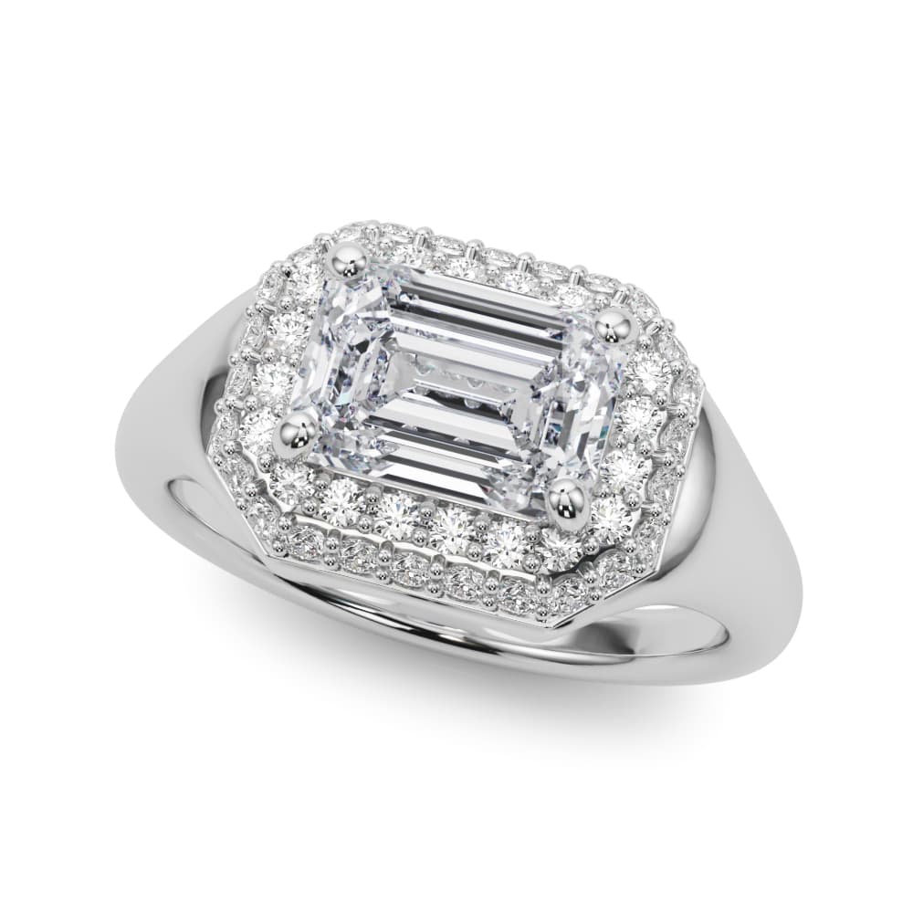 Double Halo Emerald Cut Engagement Ring in 10k White Gold