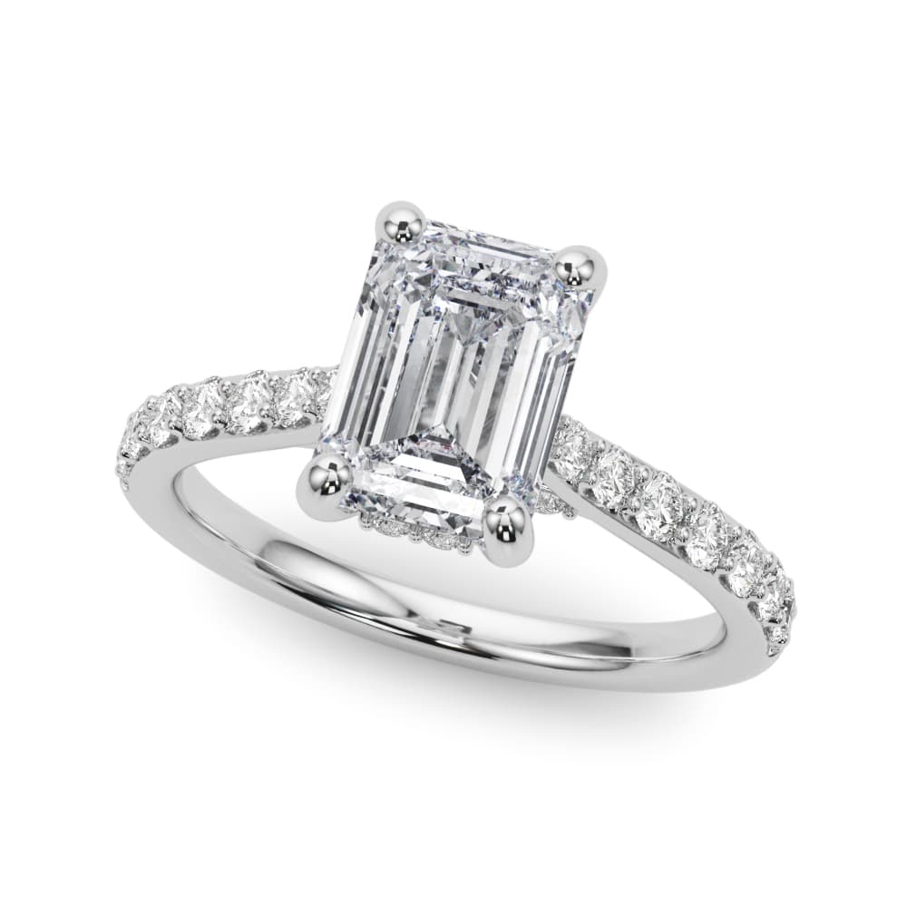 Prong Set Emerald Cut Hidden Halo Engagement Ring in 10k White Gold