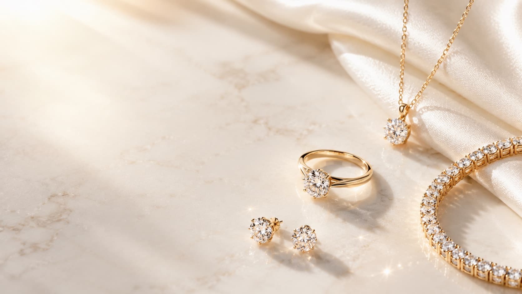 Gold diamond ring, pendant, studs, and tennis bracelet on marble