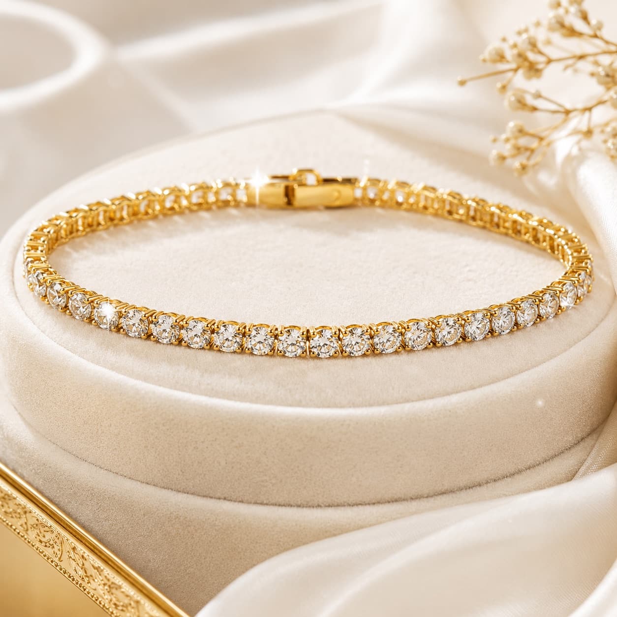 Gold diamond tennis bracelet in a velvet presentation box