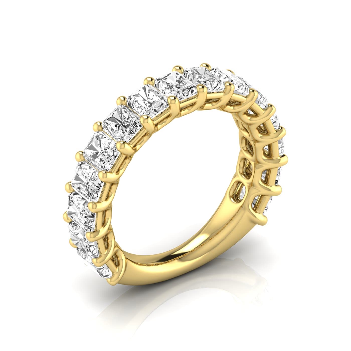 3/4 Spread Radiant Diamond Wedding Band (4.95 ct. tw.), Front view in yellow gold