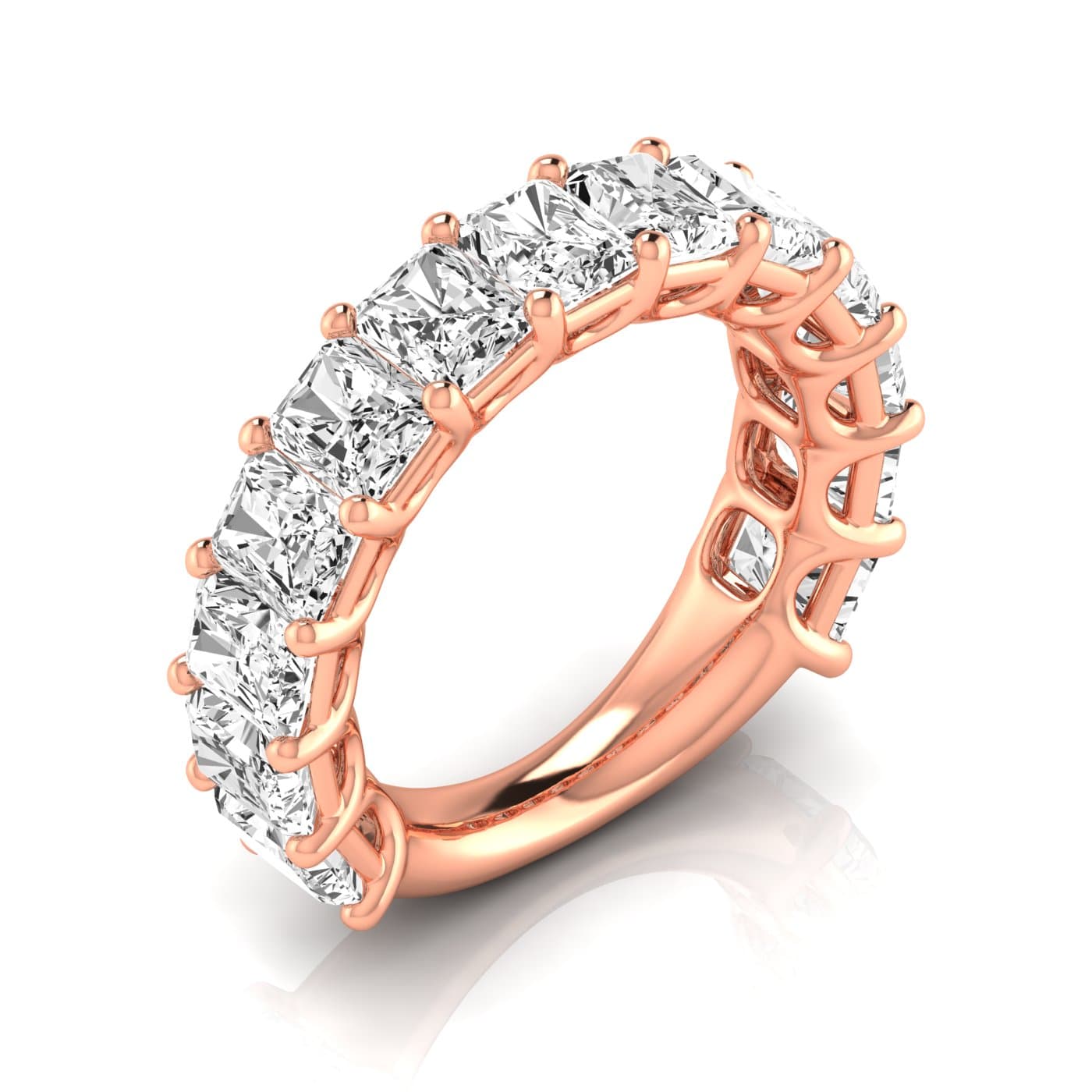 3/4 Spread Radiant Diamond Wedding Band (6 1/2 ct. tw.), Front view in rose gold