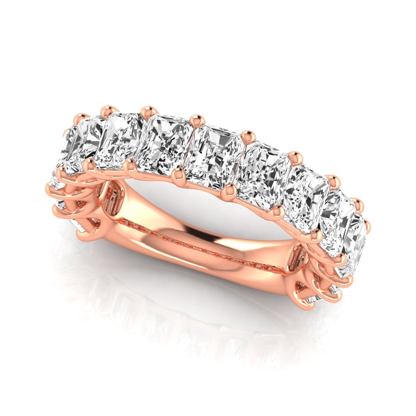 3/4 Spread Radiant Diamond Wedding Band (6 1/2 ct. tw.), On hand view in rose gold