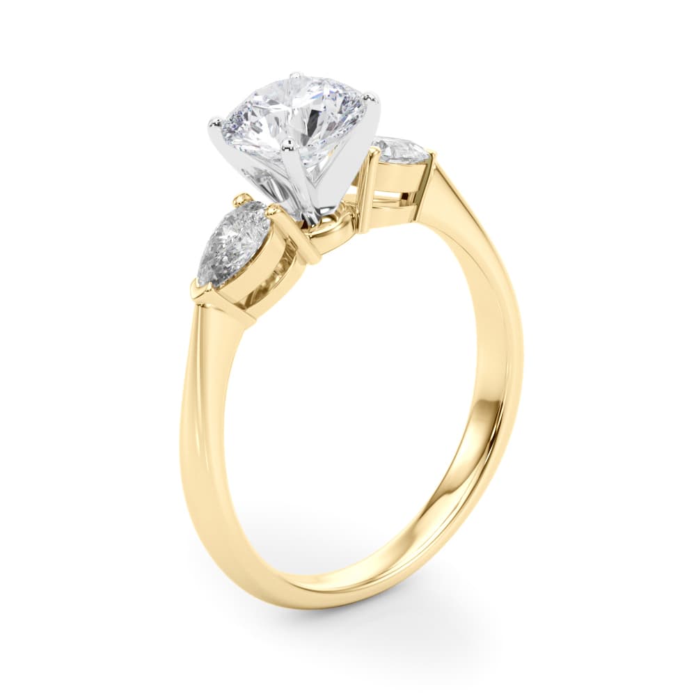 Pear Accent Three-Stone Engagement Ring, style 50309, Angle view in yellow gold