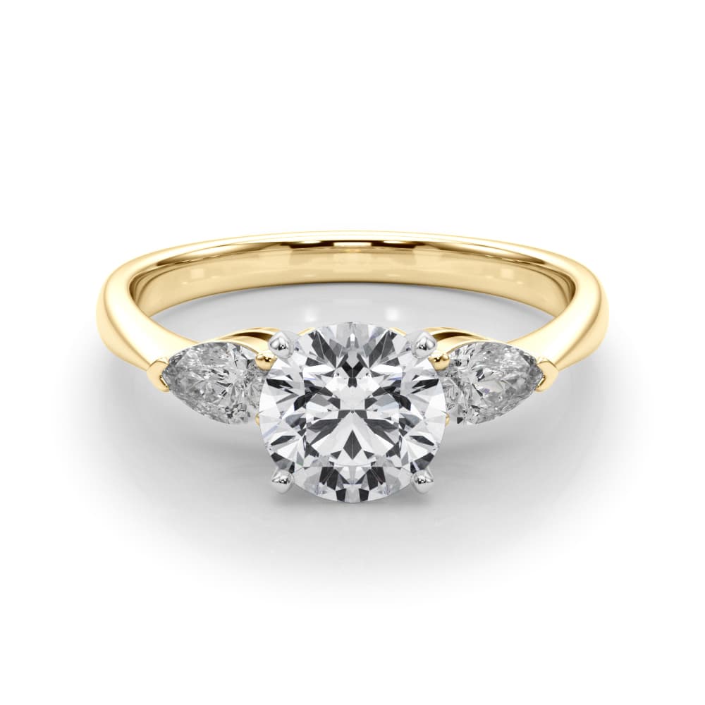 Pear Accent Three-Stone Engagement Ring, style 50309, On hand view in yellow gold