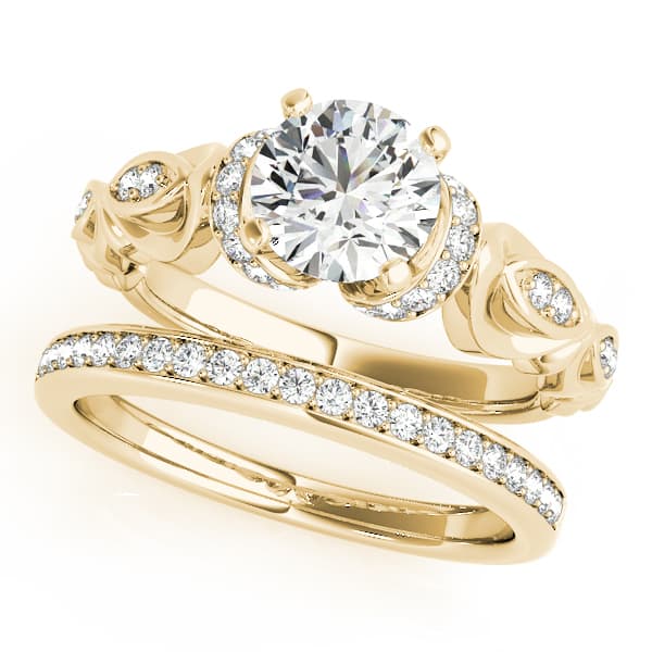Antique Scalloped Halo Engagement Ring, style 50667, On hand view in yellow gold