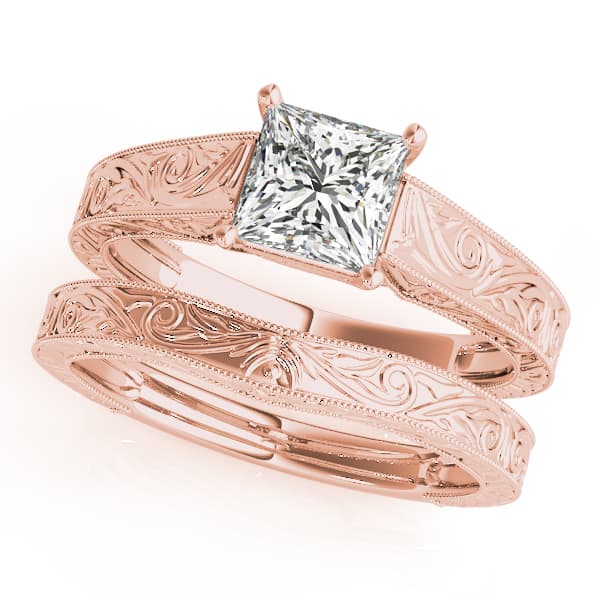 Vintage Inspired Princess Cut Trellis Engagement Ring, style 50806, On hand view in rose gold