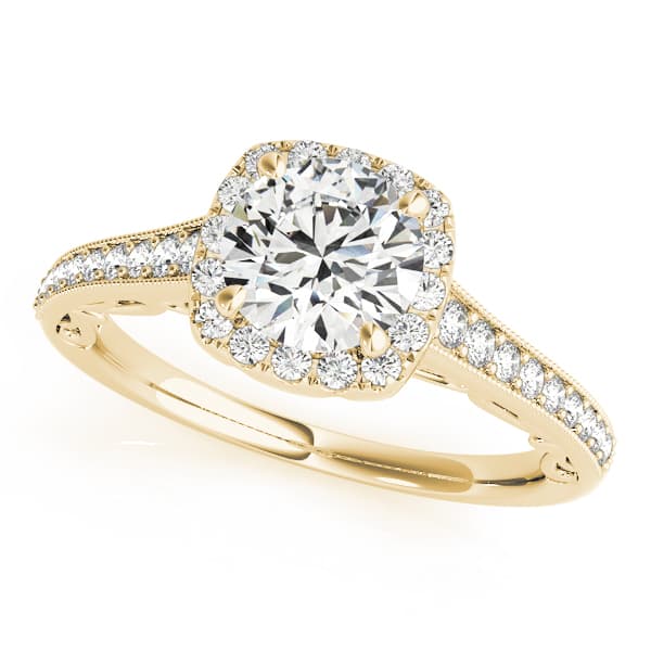Vintage Prong Milgrain Hidden Halo Engagement Ring, style 50854, Front view in yellow gold