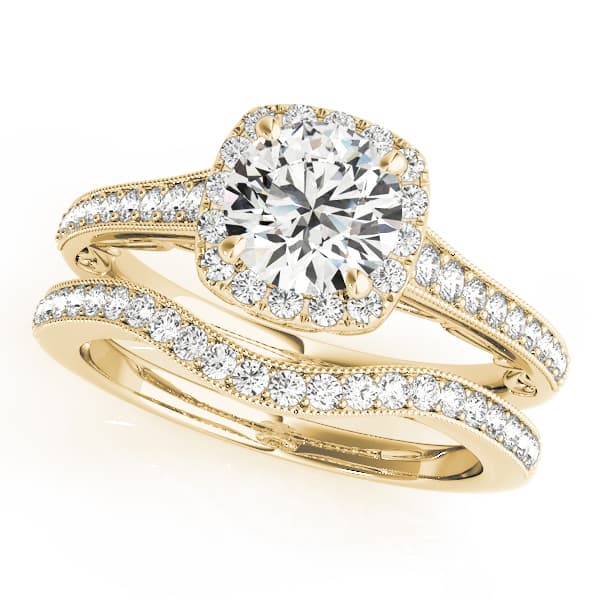 Vintage Prong Milgrain Hidden Halo Engagement Ring, style 50854, On hand view in yellow gold