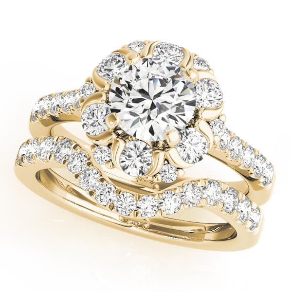 Flower Shape Halo Engagement Ring, style 50885, On hand view in yellow gold
